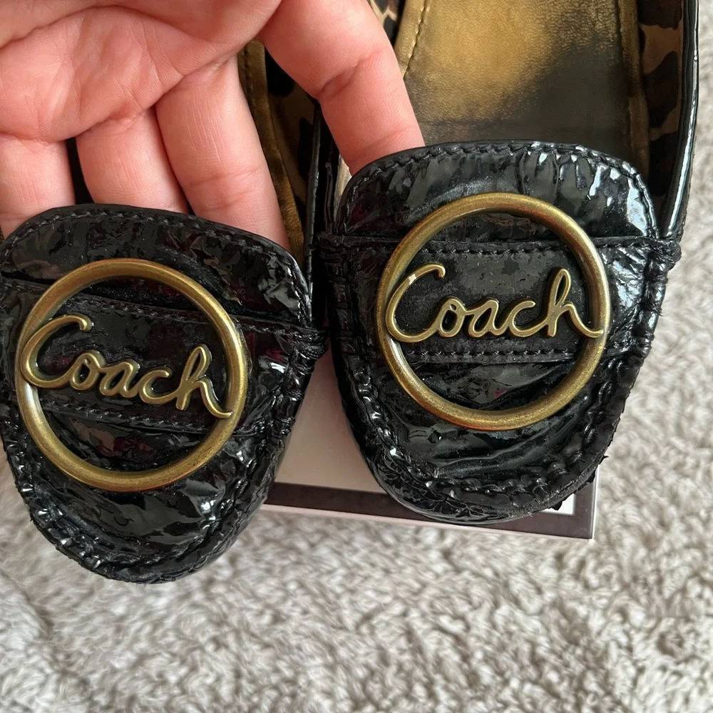Coach Black Patent Leather Loafers with Gold Logo Medallions